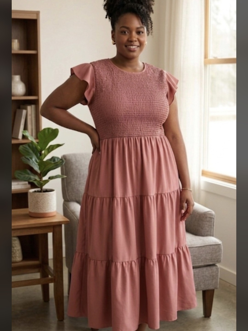 Smocked Bodice Tiered Maxi Dress in Dusty Rose